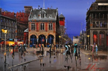 Kal Gajoum Place d Youville Montreal by Knife Textured Oil Paintings